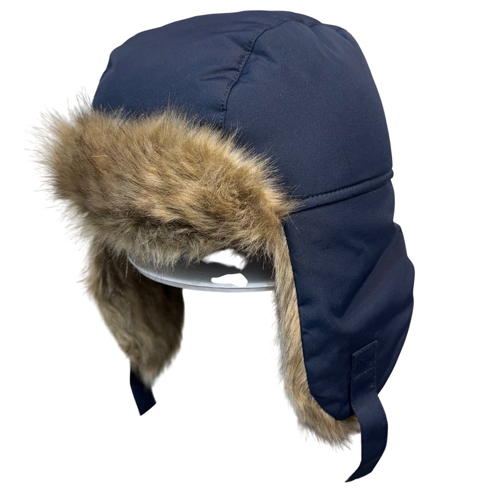 Lands' End Trapper Hat M-L Navy Blue Faux Fur Lined Winter Ear Flap Cap